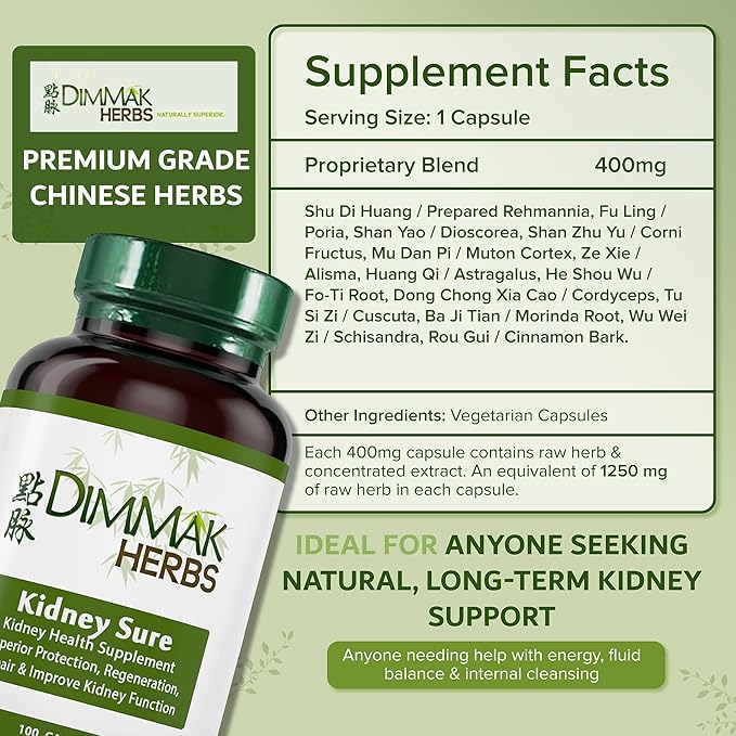 Dimmak Herbs Kidney Sure- Kidney Cleanse &amp Revitilization Tonic- Organic Herbal Support for Renal Health Urinary Tract Flow &amp Vitality- TCM Doctor Formulated Vegan- 400mg 100 Capsules