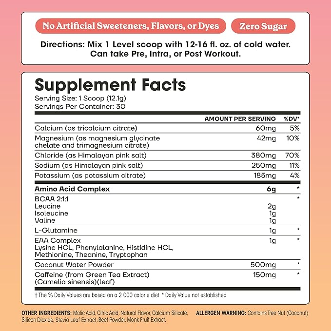 Fit &amp Lean Amino Hydration Plus Energy Pre Workout Powder 6g Vegan Essemtial Amino Acids EAA BCAA Glutamine Electrolytes &amp Natural Caffeine Pink Lemonade 30 Serve