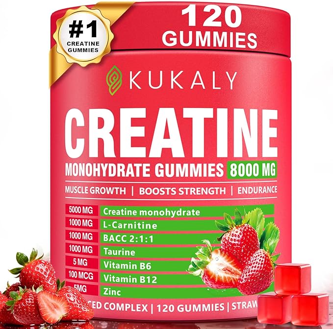 Creatine Monohydrate Gummies for Men &amp Women 8500MG Creatine Gummies Sugar Free Strawberry Flavored with L-Taurine BCAA 2:1 B12 B6 for Boost Strength Focus &amp Endurance Vegan Non-GMO 120