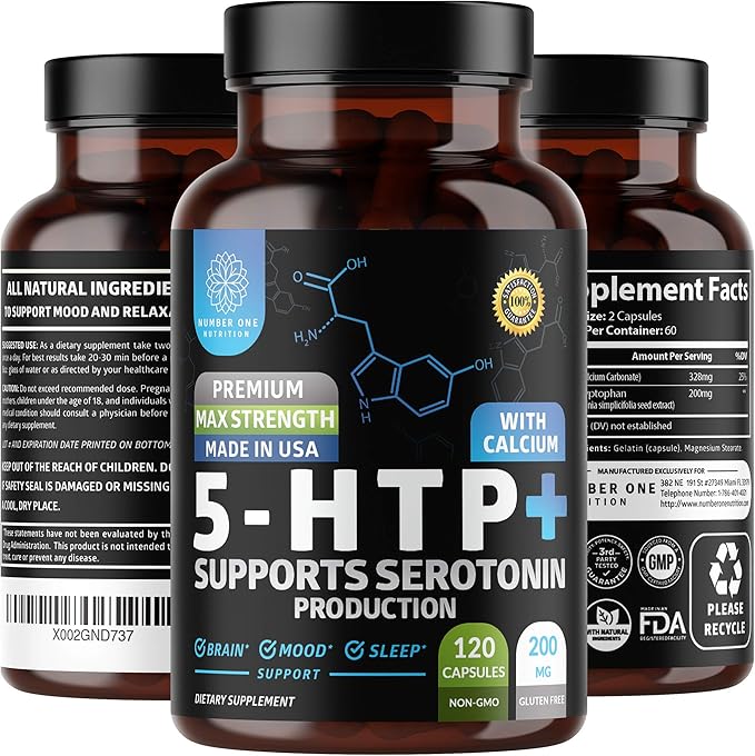 N1N Premium 5-HTP 200mg Plus Calcium Made from Griffonia Seed Extract Non GMO and Gluten Free 120 Caps