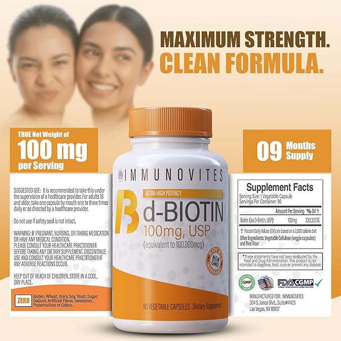 IMMUNOVITES 3-Pack High Dose Biotin (as d-Biotin USP) 100mg (Equivalent to 100000mcg) 90 Capsules High Potency (3)