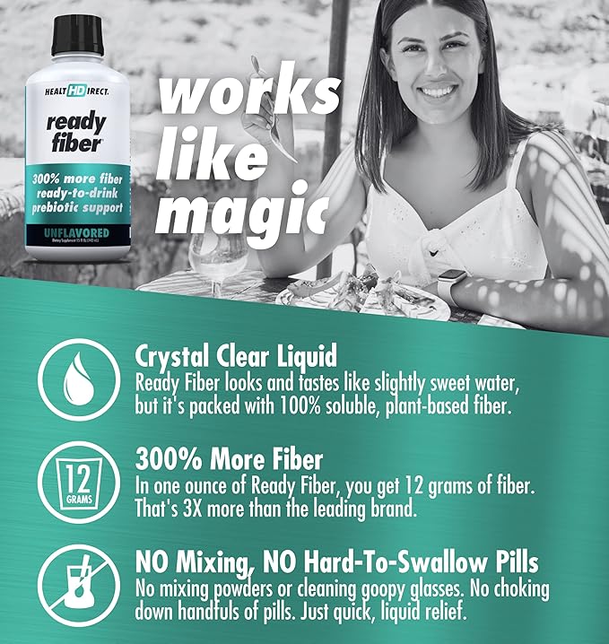 HEALTH DIRECT - Ready Fiber - Prebiotic Liquid Fiber Supplement for Women Men and Kids - 15 Fl Oz - 15-30 Servings Unflavored - Easier Than Gummies Powders and Pills