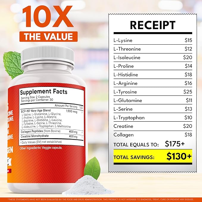 NEW AGE Amino Acids Supplement L-Lysine L-Threonine L-Leucine Isoleucine Valine L-Histidine L-Tryptophan L-Methionine L-Arginine L-Cysteine L-Glutamine L-Serine Aspartic Acid- 60 Count