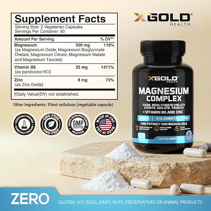 X Gold Health Magnesium Complex 5-in-1 with Zinc &amp B6 High Absorption Capsules (Glycinate Citrate Malate Taurate Oxide) Muscle Recovery Energy Sleep Support &amp Immune Health 500mg Made in