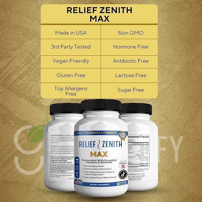 Relief Zenith Max Dietary Supplement Nerve Health &amp Mood Support 60 Capsules 30-Day Supply (5)