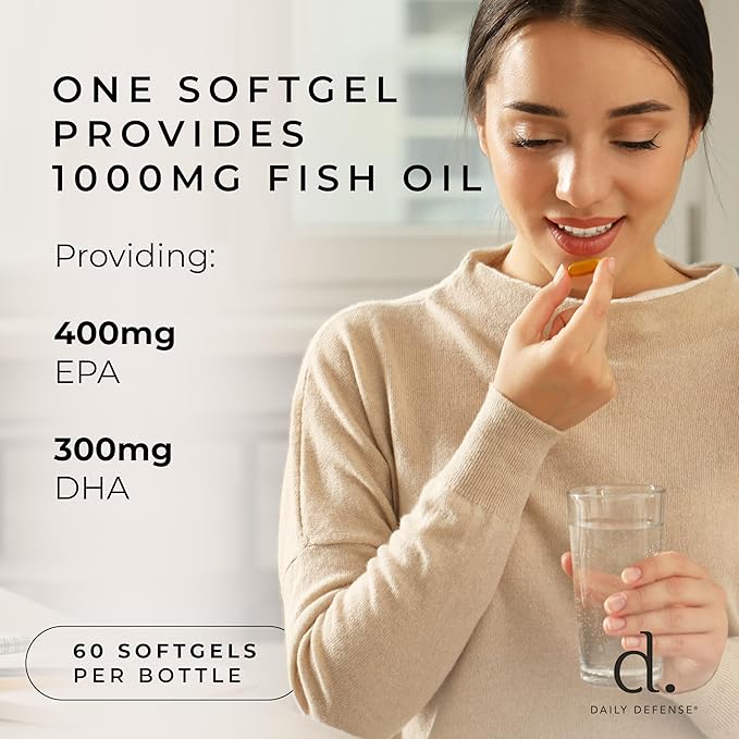 Omega 3 Fish Oil 1000mg Supplement - Omega 3 DHA EPA Supplement for Men &amp Women for Skin Nails Cognitive &amp Heart Support - 60 Enteric Coated Fish Oil Softgels Made in the USA