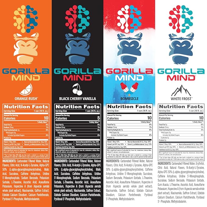 Gorilla Mind Energy Drink | Unmatched Energy · Amplified Focus | N-Acetyl-L-Tyrosine Alpha-GPC 200mg Caffeine Uridine Saffron | 0 Sugar Or Artificial Colors | 16oz | 12-Pack (Variety Pack #2)