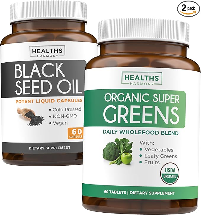 Black Seed Oil &amp Organic Super Greens (1-Month Supply) Nigella Greens Bundle of Black Seed Oil (60 Capsules) Cold-Pressed Nigella Sativa and Organic Super Greens Powder (60 Tablets) Complete Super