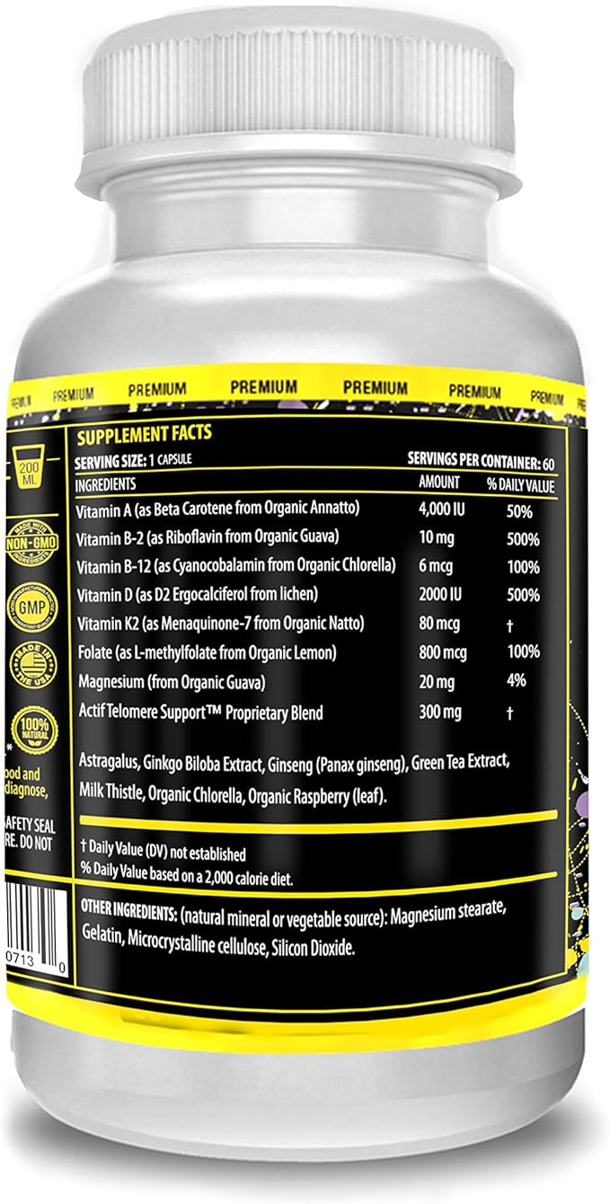 ACTIF Telomere Mega Support with 10+ Factors Non-GMO Telomerase and DNA Supplement for Energy Memory and Anti-Aging Made in USA 60 Count