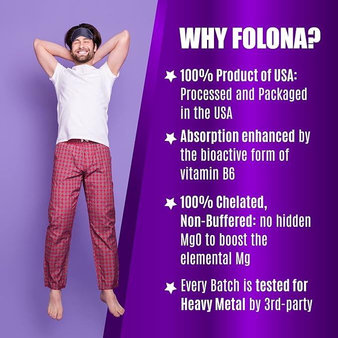 Folona Magnesium Glycinate with Vitamin B6 Research Proven to Enhance Absorption 1350mg Fully Chelated - Supports Sleep Stress Relief Energy Muscle Cramps - Gluten Free NonGMO 180 Vegan Capsules