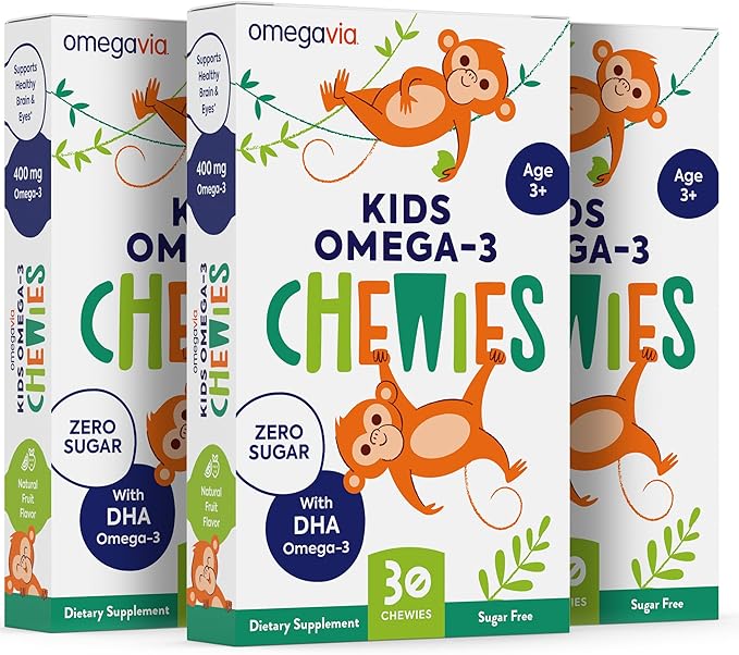 Omega 3 Chewies - Ultra-High DHA Chewables for Kids Supports Brain &amp Eye Health - Sugar-Free Natural Fruit Flavor - Kids Omega 3 Fish Oil Chewies (3 Pack)