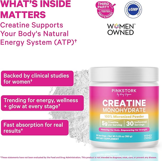 Pink Stork Workout Supplements for Women Bundle - 5g Micronized Creatine Monohydrate + 20g Vanilla Plant Based Protein Powder for Women Supports Muscles Energy Cognitive Function