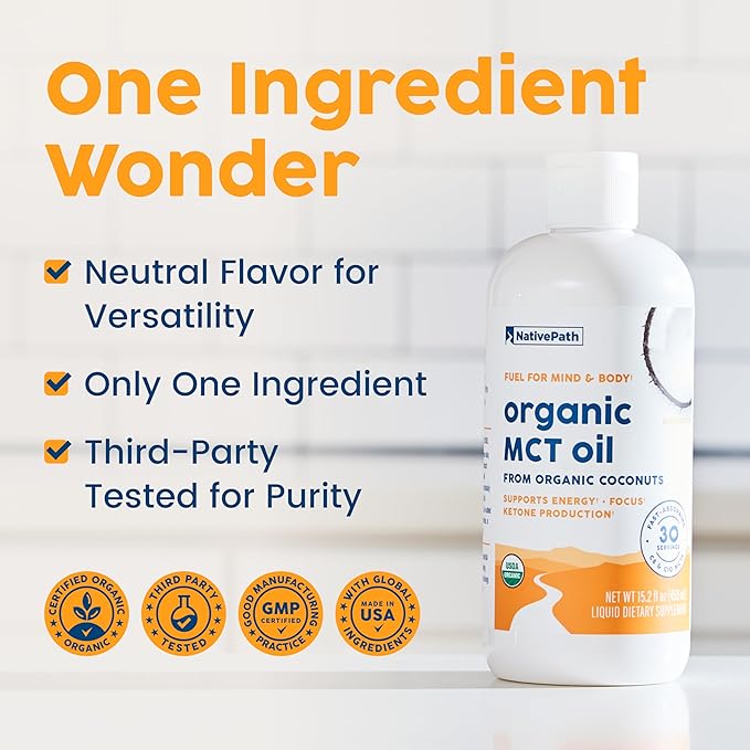 NativePath USDA Organic MCT Oil 30 Servings - Premium C8 &amp C10 from Coconuts - for Keto Coffee Energy &amp Focus - Flavorless Non-GMO Vegan (15.2 fl oz) (Pack of 2)