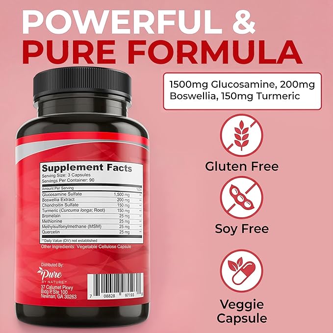 Pure By Nature Joint Support Glucosamine with Chondroitin Turmeric MSM Boswellia Supplement 270 Capsules