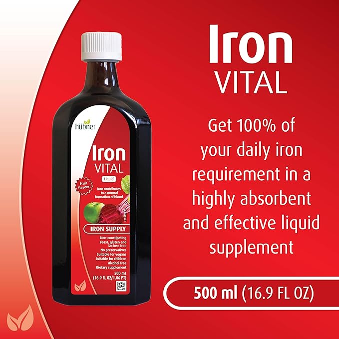 hübner Hubner Iron Vital Liquid Iron Supply Plus Vitamin C Dietary Supplement for Adults and Kids Vegan and Gluten-Free Fruit Flavor 500 ml Bottle 50 Servings