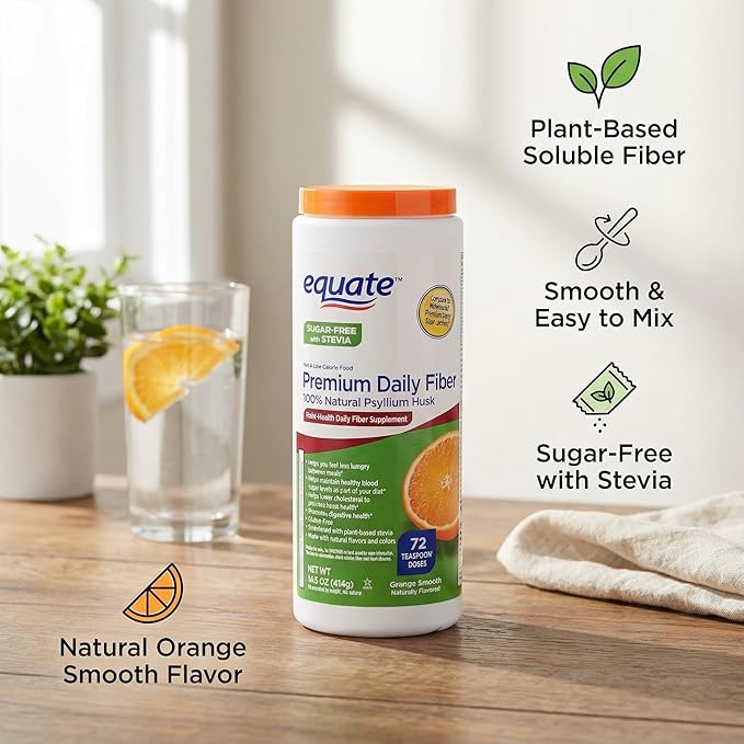 Daily Fiber Supplement Sugar Free Orange Flavor 14.6 oz – 72 Teaspoon Doses Psyllium Husk Powder Plant-Based Fiber Psyllium Fiber Supplement Gluten-Free Fiber Powder.