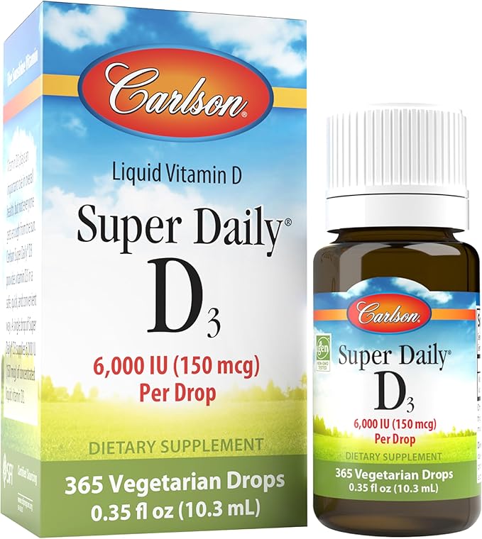 Carlson - Super Daily D3 6000 IU (150 mcg) per Drop Liquid Vitamin D3 1-Year Supply Non-GMO Unflavored 365 Vegetarian Drops (10.3 mL)