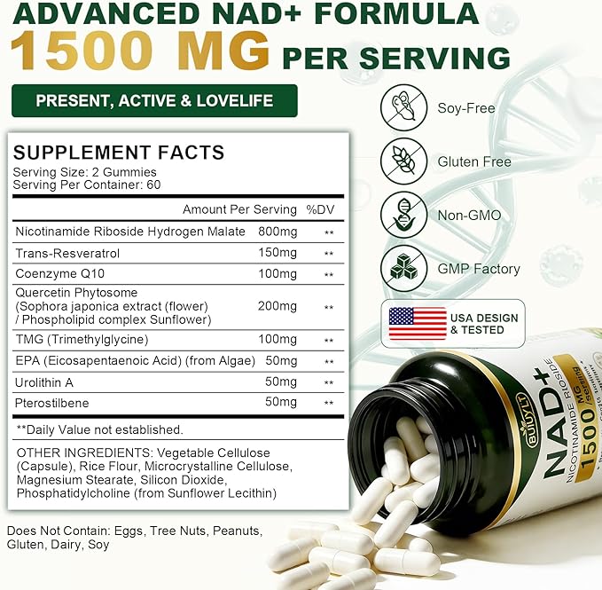 NAD+ Supplement 1500mg NR NMN Replacement with Resveratrol Urolithin A CoQ10 &amp Quercetin - NAD Plus for Cellular Energy Healthy Aging &amp Stamina for Women &amp Men - 120 Capsules -2pcs