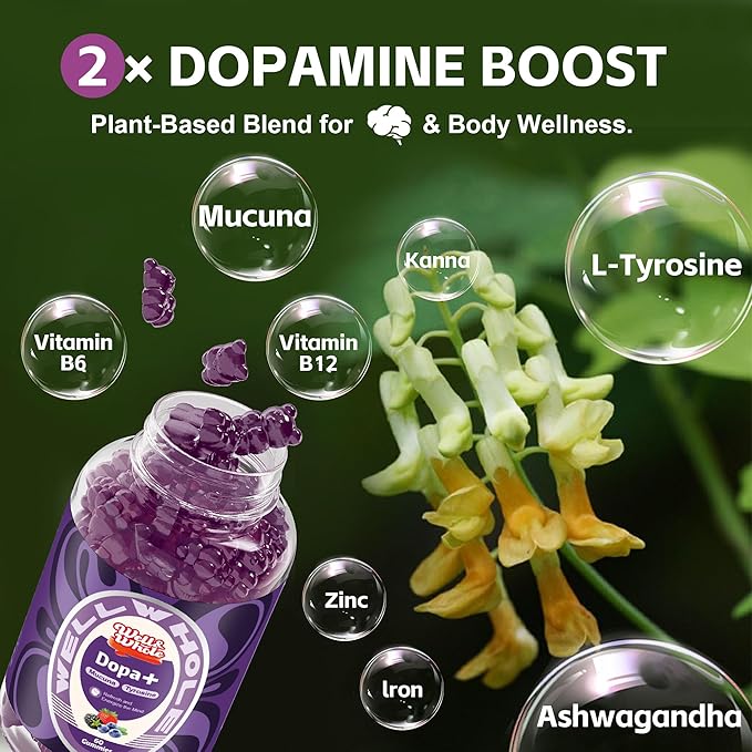 Well&ampWhole Dopamine Gummies - Mucuna Pruriens Supplements Gummies 500mg with L-Tyrosine 200mg &amp Ashwagandh Mood &amp Focus Support Berry Flavor Non-GMO Gluten-Free 60cts (1)