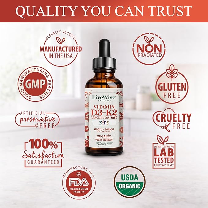 Live Wise Naturals Vitamin D3 K2 Kids Liquid Drops - 112 Servings Ultra Concentrated Formulation Fast Absorption 800 IU &amp 35 MCG for Calcium &amp Bone Support - Daily Nutritional Support Parent