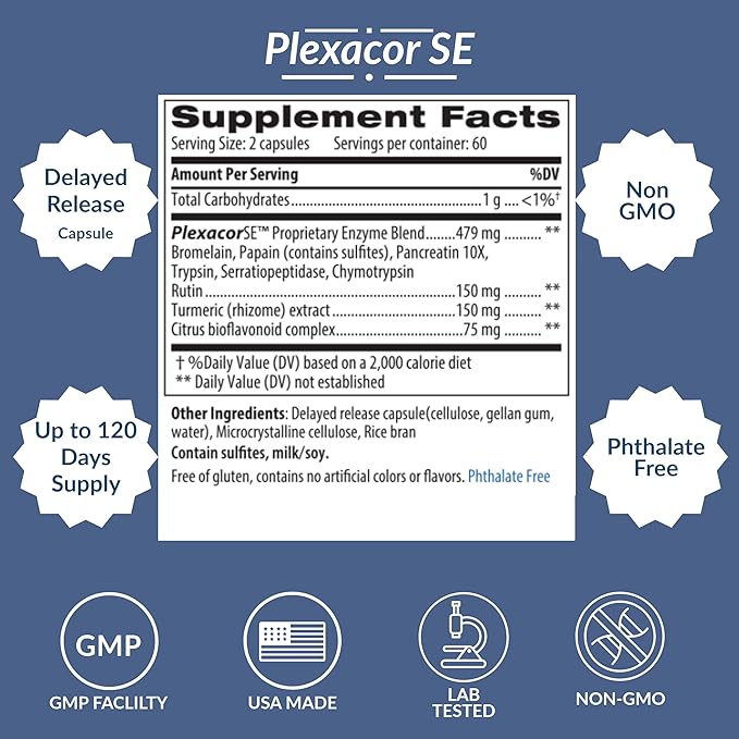 New Plexacor Multi-Enzymes Fibrin Defense 6-in-1 SuperEnzyme Blend with Rutin Serrapeptase &amp Superior Turmeric for Healthy Immune Support - 120 Count