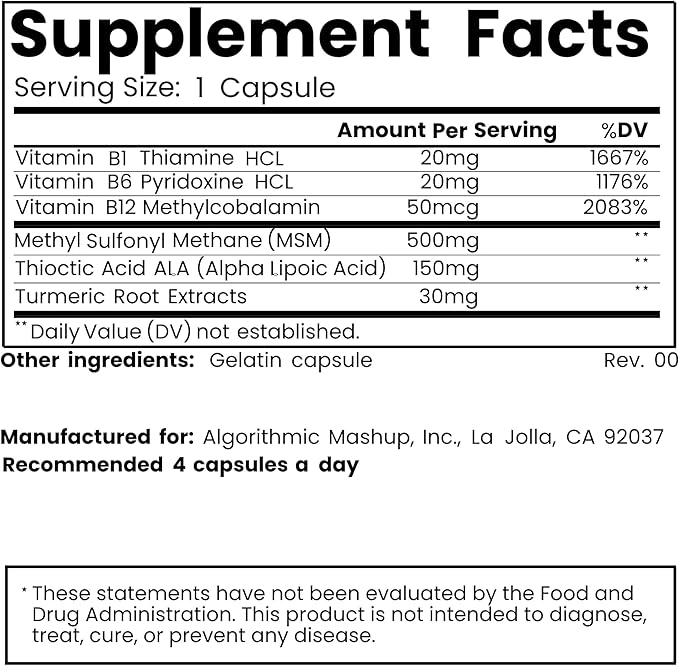 NuroZen Nerve Support Supplement – Alpha Lipoic Acid B1 B6 B12 Pureblend of MSM Turmeric – Advanced Neuropathy Support Formula for Nerve Health