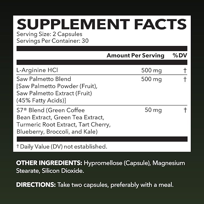 L-Arginine 500mg and Saw Palmetto 500mg - Nitric Oxide and Prostate Health Supplements for Men - 60 Count - Endurance and Urinary Tract Function Support - 1 Month Supply - Vegan Non-GMO Capsules