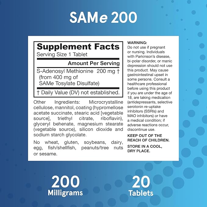 Jarrow Formulas Same 200 mg Supports Joint Health Liver Function Brain Metabolism 20 Tablets Up to A 20 Day Supply