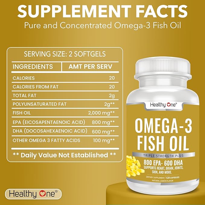 Omega 3 Fish Oil 2000mg - 1400mg EPA &amp DHA Fatty Acids - Cholesterol - LDL HDL - Blood Pressure - Circulation - Heart Health - Triple Distilled No Fillers or Mercury - Real Lemon Flavor - 120 Soft