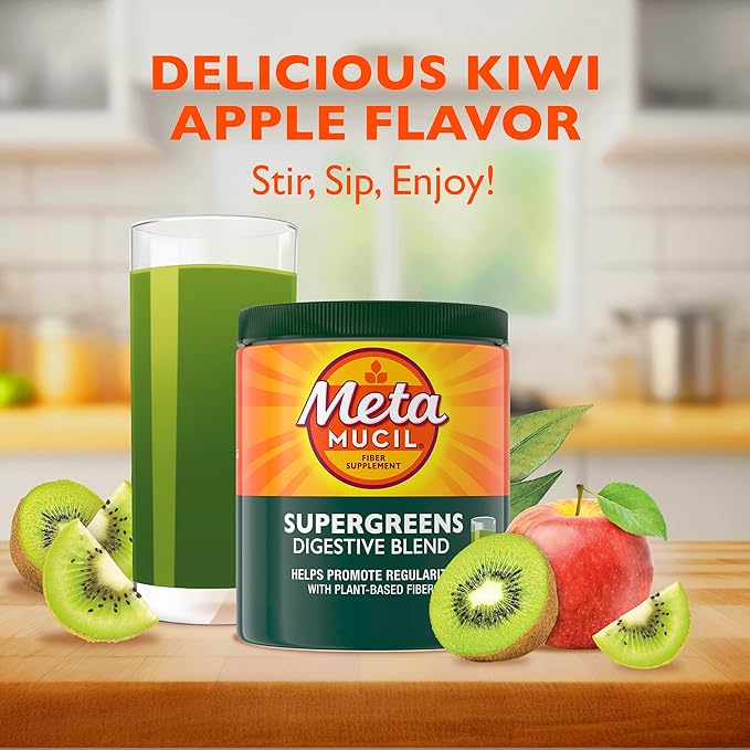 Metamucil Greens SuperFood Powder Fiber Supplement for Digestive Health* and Regularity* Gluten Free Plant-Based Stevia Great Taste Kiwi Apple Flavored 3g Dietary Fiber per Serving 42 Servings