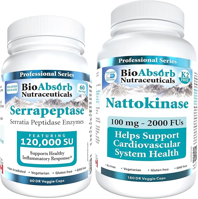 Bio Absorb Nattokinase Supplement 180 Caps - Serrapeptase Enzyme 60 Caps Bundle