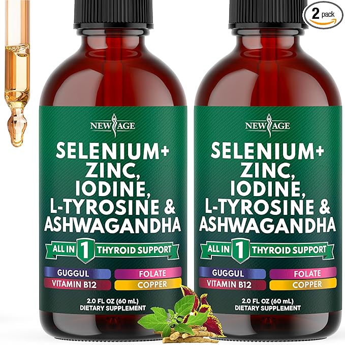 Thyroid Support Drops - Selenium Zinc Iodine L Tyrosine Ashwagandha Turmeric Schisandra Guggu Cayenne Basil - Liquid Supplement Folate Copper Alcohol -Free Vegan Non-GMO – 4 oz