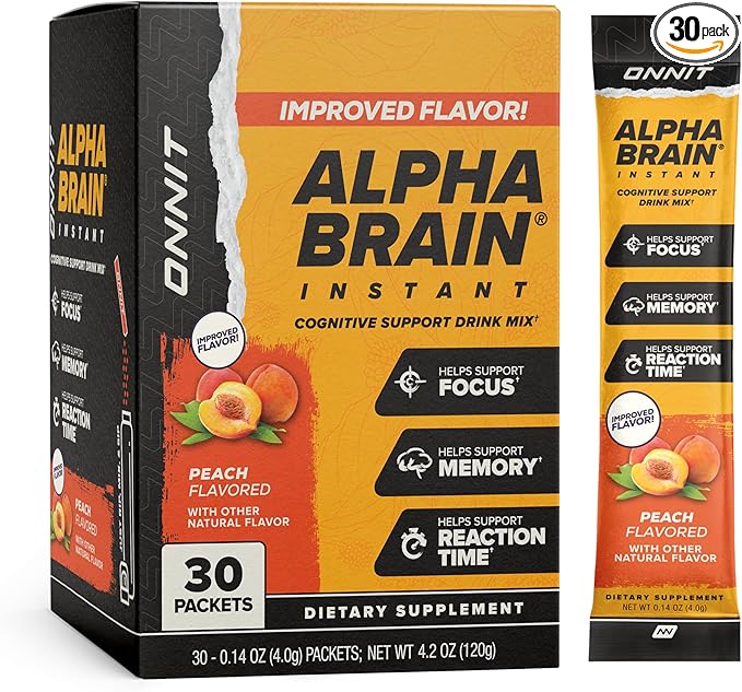 ONNIT Alpha Brain Instant Cognitive Support Drink Mix Nootropic Supplement for Focus Memory and Clarity Peach Flavor 0.13 oz Packets 30 Count