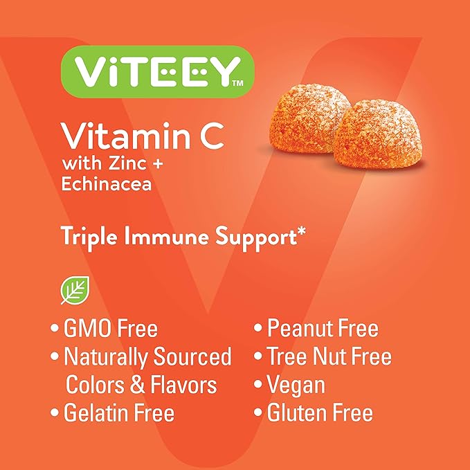 VITEEY Vitamin C Gummies for Adults &amp Teens with Zinc &amp Echinacea - Immune Support Gummies - Immune Booster - Vegan Gelatin Free Gluten Free GMO Free - Tasty Vitamin C Chewable Orange Flavo