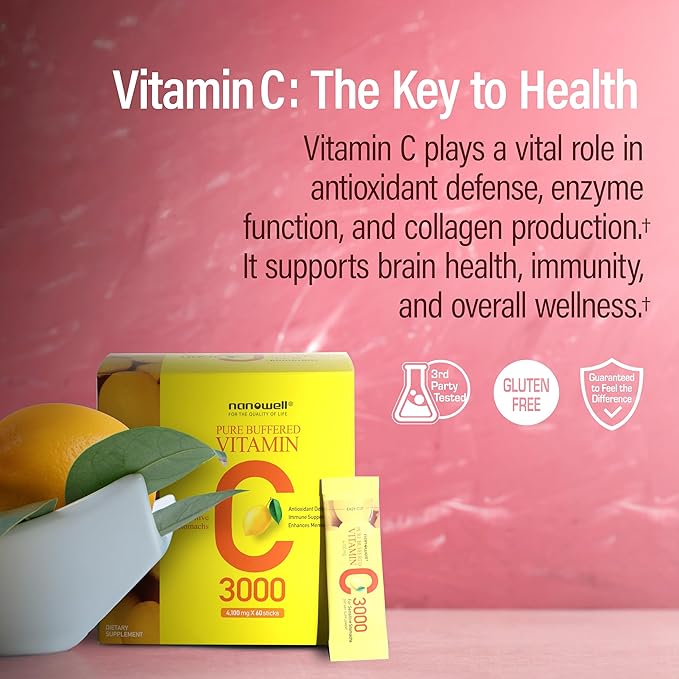 NANOWELL Pure Buffered Vitamin C 3000 mg per Serving Dietary Supplement for Immune Support - 60 Sticks x 1 Box 2 Months Supply (60 Count)