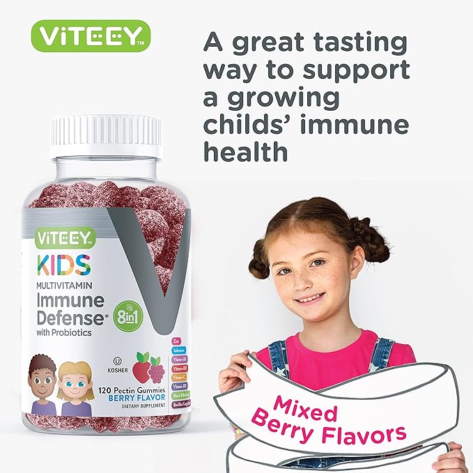Viteey Kids Multivitamin Gummies with Probiotics - 8-1 Kids Vitamins for Immune Health Support with Vitamin C D3 B12 B6 Zinc Elderberry Selenium - Vegetarian - Chewable Tasty Berry Flavored