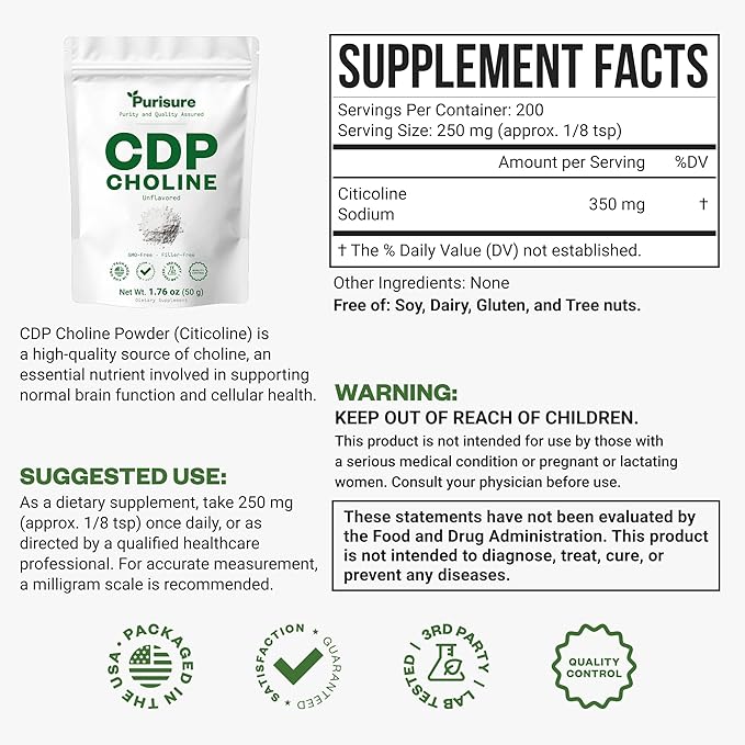 Purisure CDP Choline Powder 50g CDP Choline Supplements That Support Attention Focus and Energy Citicoline Powder for Cognitive Function Increases Motivation and Productivity 200 Servings