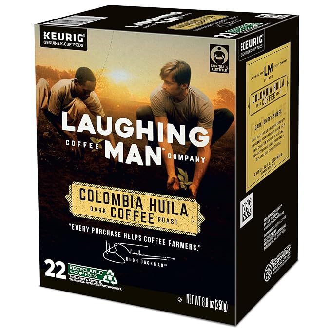 Laughing Man Colombia Huila Coffee Keurig Single Serve K-Cup Pods Dark Roast 88 Count (4 Packs of 22)