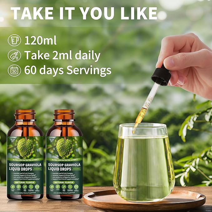 (2 Pack) Soursop Graviola Liquid Drops 2000mg 98% Absorption for Cell Support &amp Regeneration Immune Boost Liver Herbal Goodness Soursop Bitters Liquid-Sugar/Gluten Free Natural Flavor 4 Fl