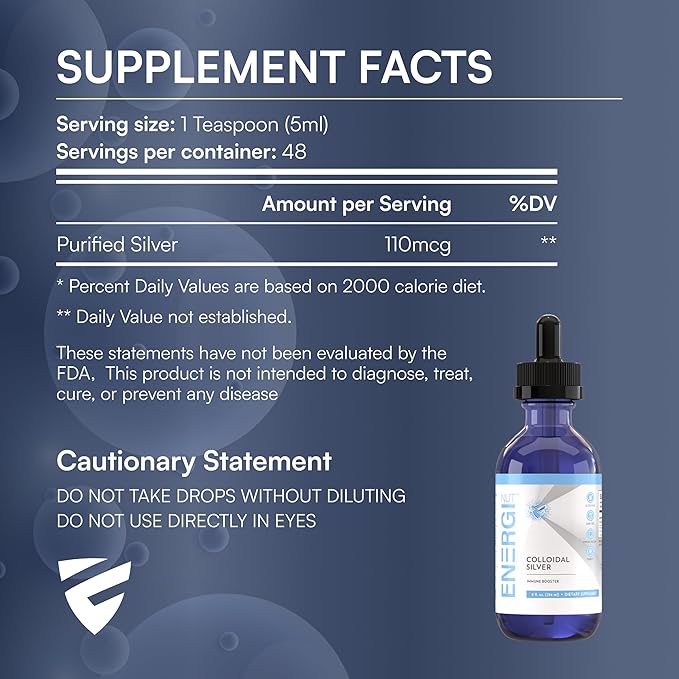 ENERGI Colloidal Silver Liquid Immune Support Supplement Immunity System Supplement for Adults and Kids Colloidal Silver Drops or Spray 8 Fl Oz Bottle