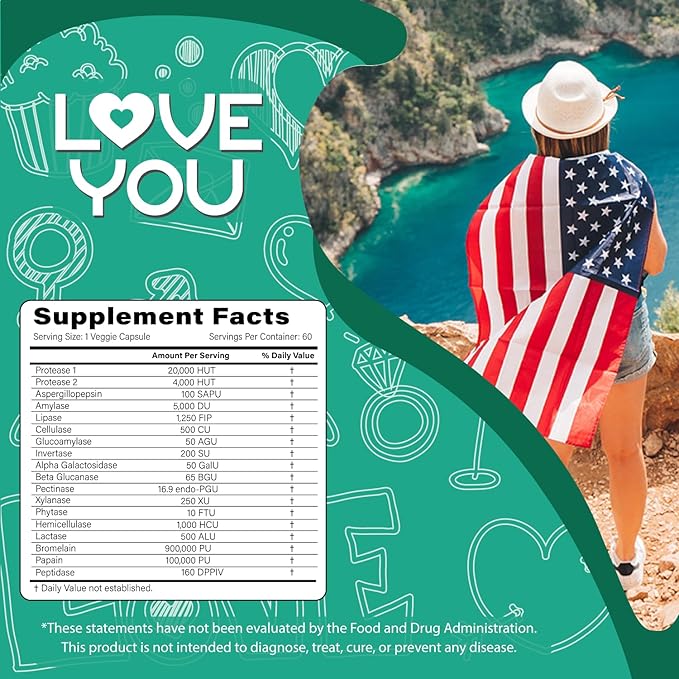 Love You 18 Enzyme Complex – Broad Spectrum Digestive Support with Amylase Bromelain and Papain – Promotes Nutrient Absorption and Healthy Digestion 60 Veggie Capsules