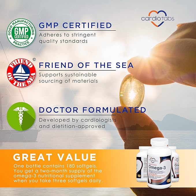 Omega-3 Enteric-Coated Fish Oil Supplements Triglyceride Form 1100 mg Total Omega-3 Fatty Acids Non-Dairy and Gluten-Free Special Enteric Coated Softgels for No Fishy Burps - 180 Count