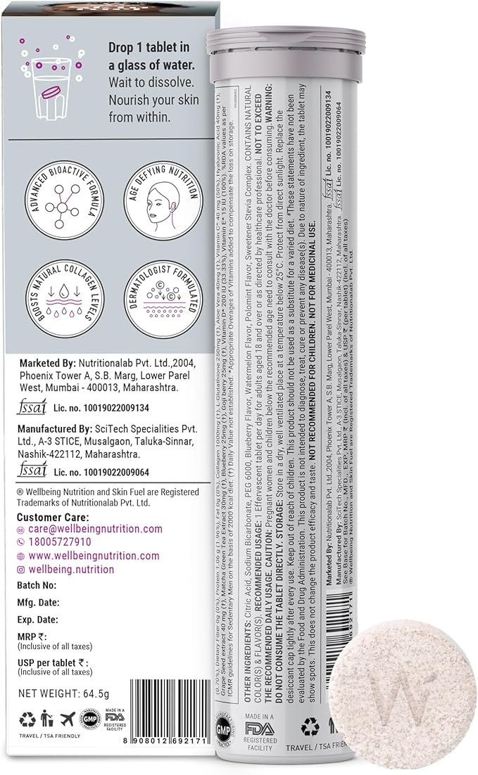 WELLBEING NUTRITION Skin Fuel with Collagen L-Glutathione Hyaluronic Acid Matcha Green Tea Aloe Vera Grape Seed Vitamin C E - 30 Effervescent Tablets
