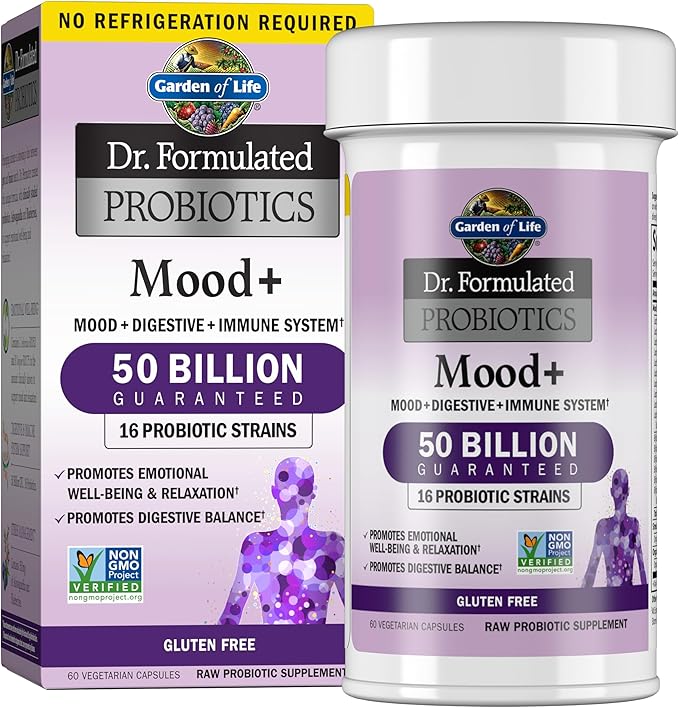 Garden of Life Dr. Formulated Probiotics Mood+ - 50 Billion CFU - Supports Relaxation &amp Digestive Health - Shelf Stable - 60 Vegetarian Capsules