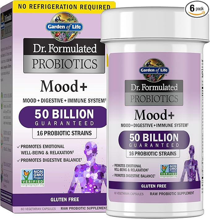 Garden of Life Probiotics Mood+ Dr Formulated Acidophilus Probiotic SupplementPromotes Emotional Well-Being Relaxation and Digestive BalanceAshwagandha for Stress Management 60 Count (Pack of 6)