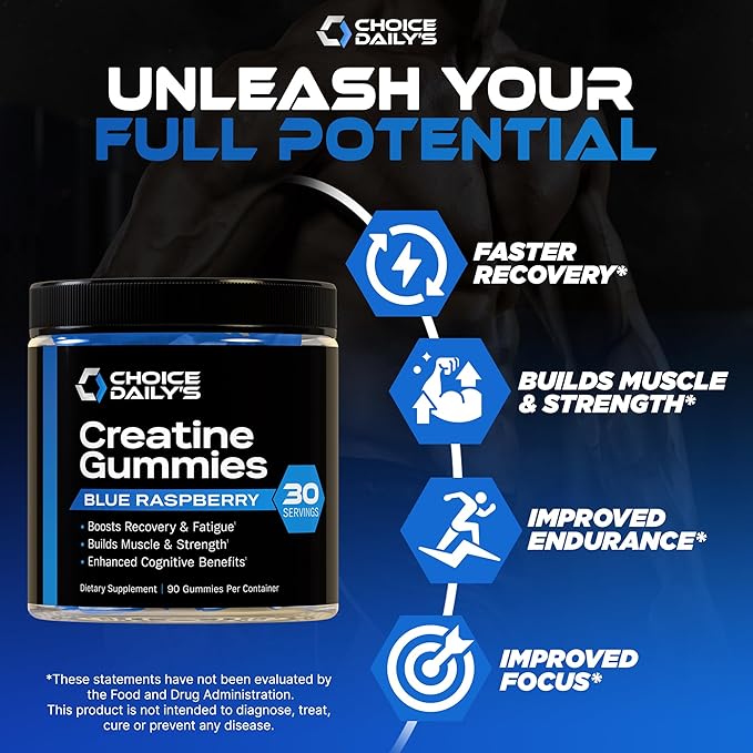 Creatine Gummies - 90 Vegan Friendly Chews - USA Made - Boosts Recovery - Builds Muscle - Enhanced Cognitive Benefits (Large Blue Raspberry)