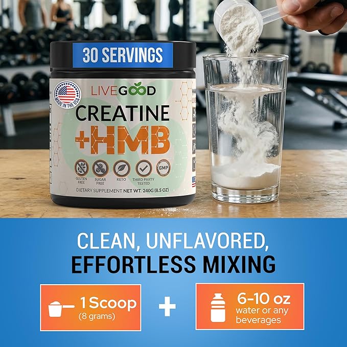LIVEGOOD Creatine Monohydrate with HMB for Lean Muscle Growth &amp Recovery – HMB Creatine Powder for Men and Women – Unflavored Creatine 30 Servings