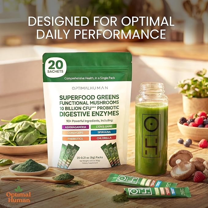 Optimal Human Superfood Greens Powder – 90+ Ingredient Blend with Lion’s Mane Supplement Ashwagandha &amp Turmeric – Non-GMO Soy-Free Mushroom Supplements for Women – 20 Sachets