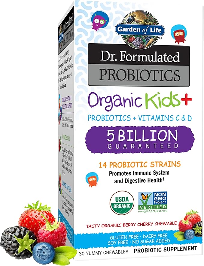 Garden of Life Dr. Formulated Probiotics Organic Kids+ - Digestive Health Support with Prebiotic Fiber &amp Vitamins C &amp D - Supports Immune Function - Berry Cherry 30 Yummy Chewables