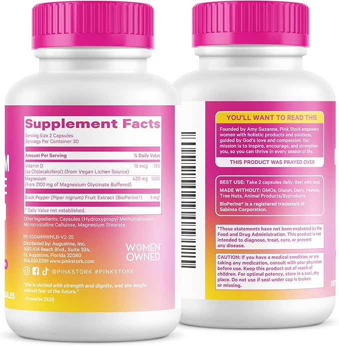 Pink Stork Magnesium Glycinate with Vitamin D - Magnesium Supplement for Women to Support Natural Calm Mood and Sleep - Hormone Balance for Women - 60 Capsules Berry Essence 1 Month Supply